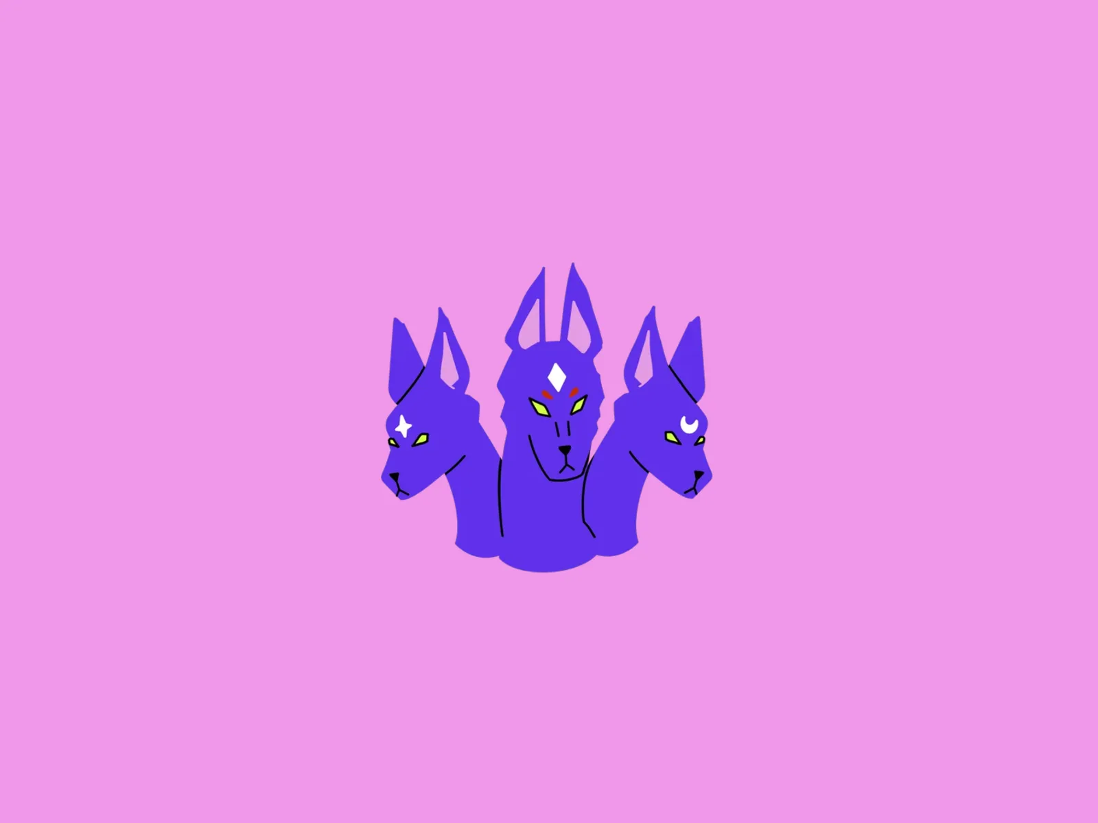 Illustration of a purple three-headed Cerberus on a pink background