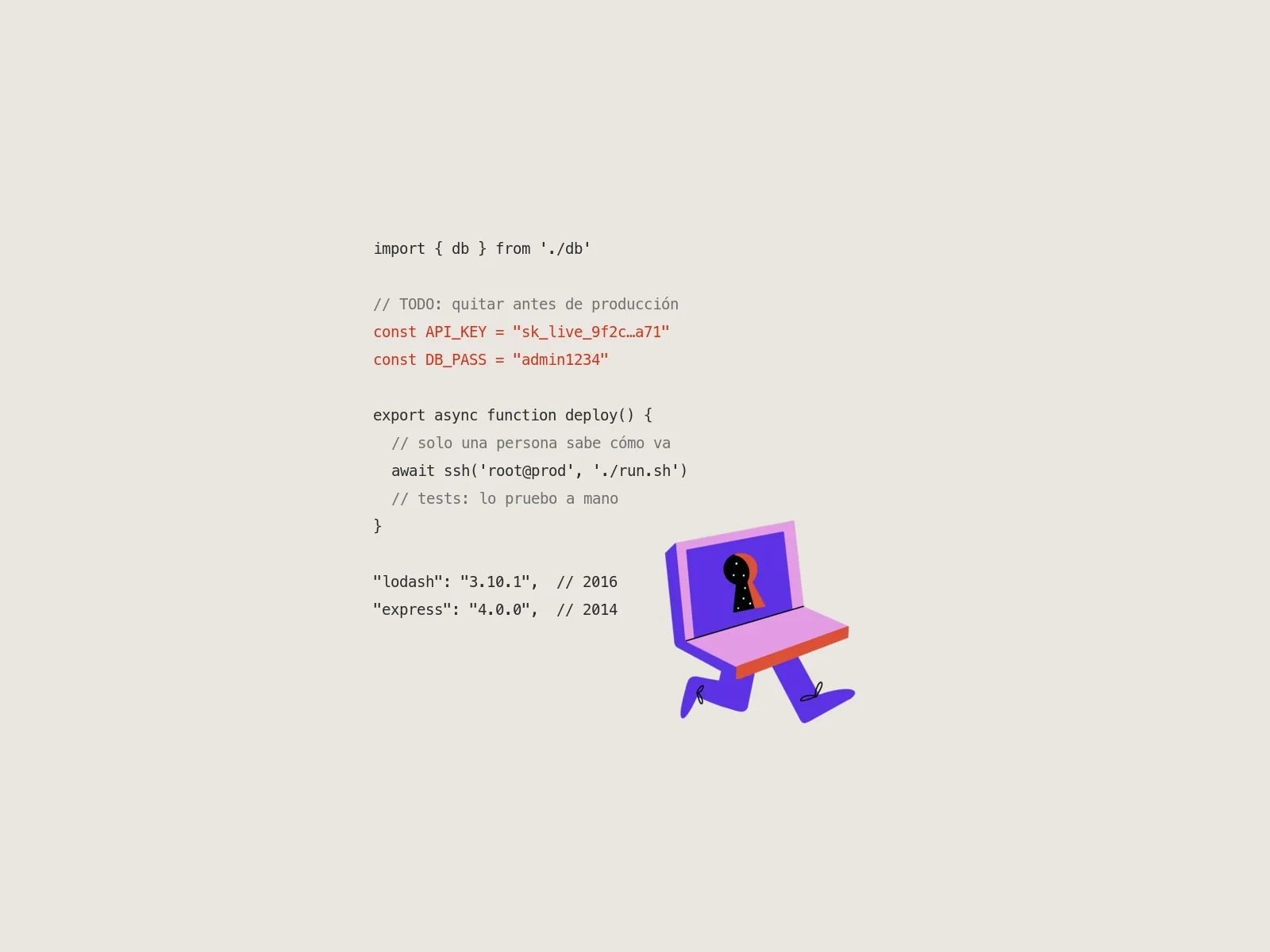 Illustration of a laptop with a keyhole on screen running away, next to code with passwords in plain sight, on a light grey background