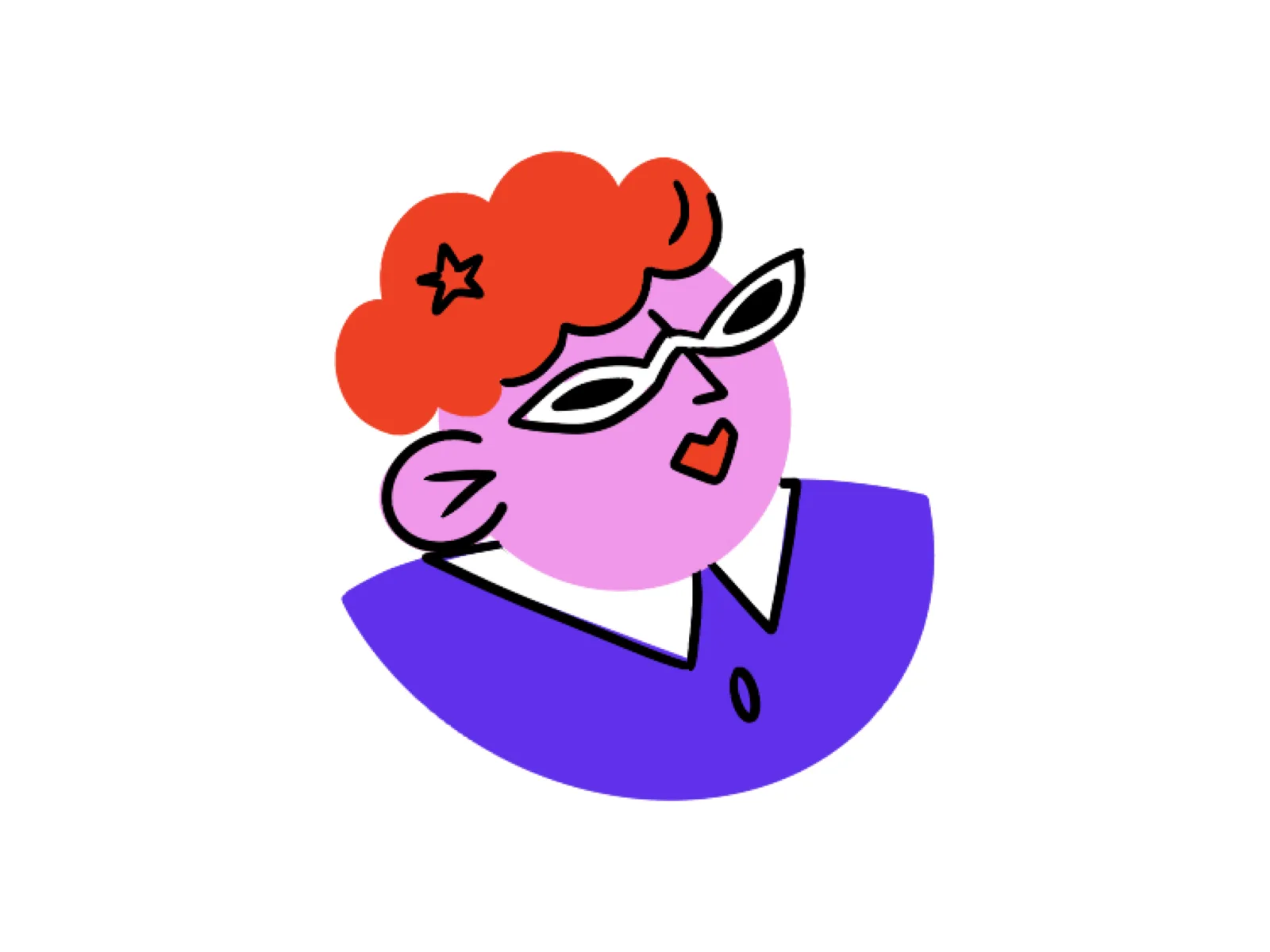 Illustration of a smug red-haired person in cat-eye glasses, on a white background