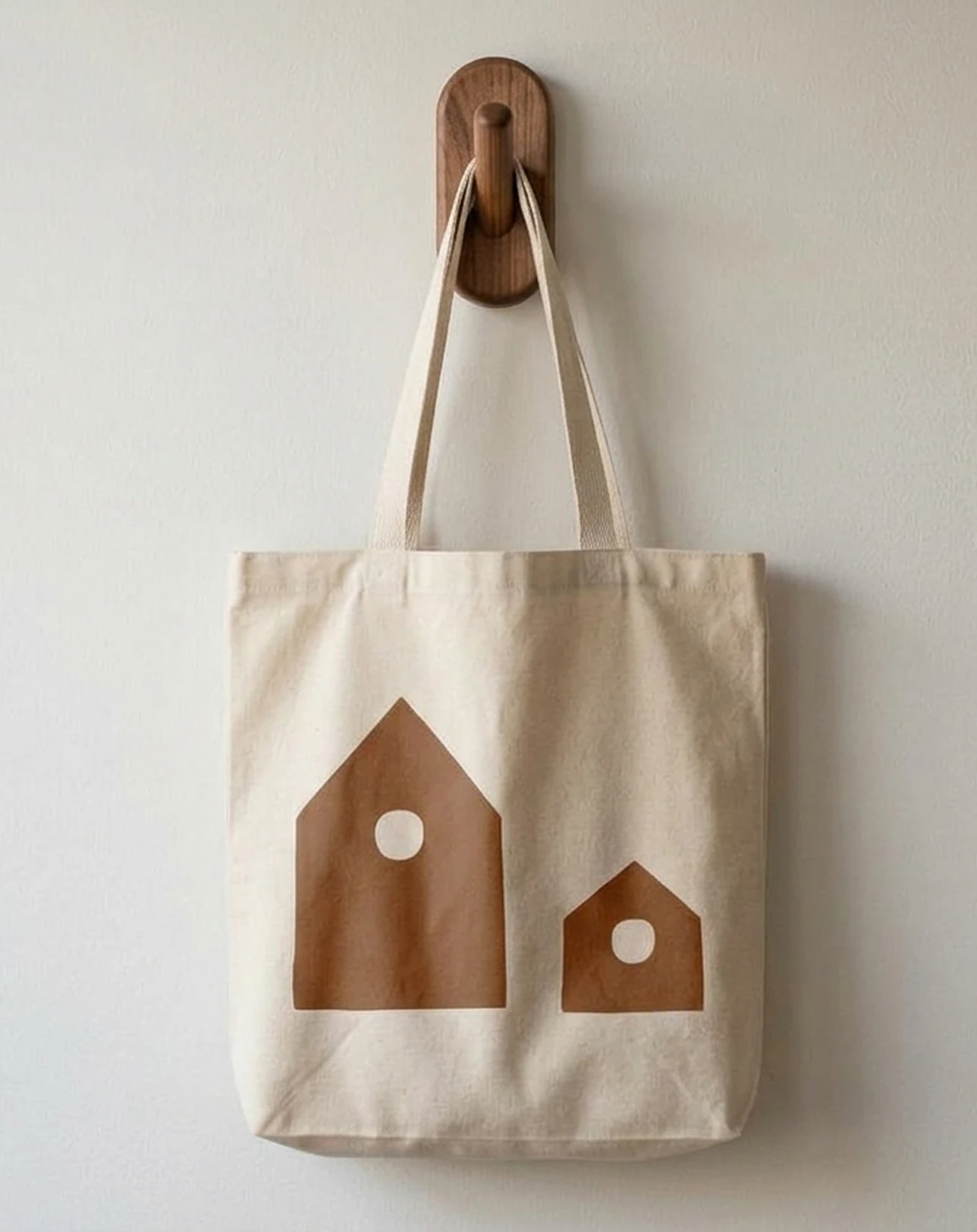 Bolsa de tela de Cor de Suro con dos casitas, colgada de un perchero de corcho
