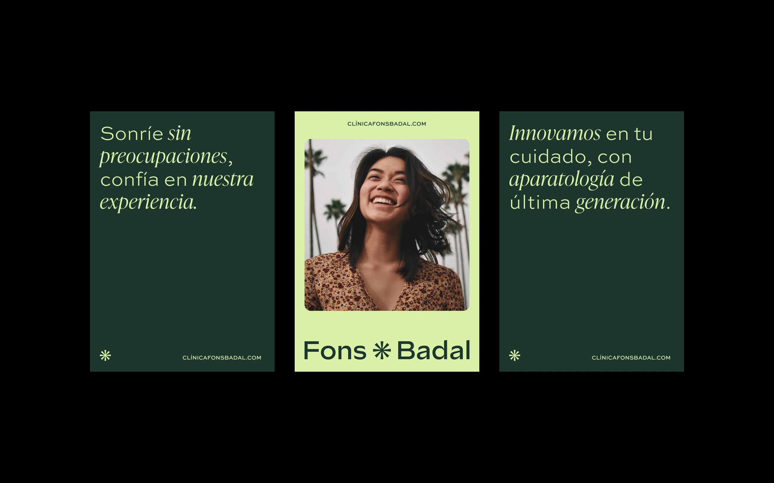 Tres carteles de Fons Badal: sonríe sin preocupaciones, la marca y la innovación