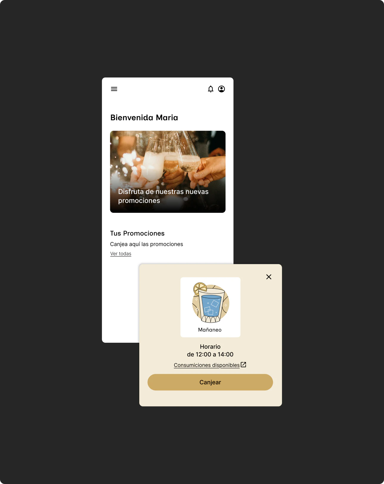 Inicio de la app de La Bolera con la ventana para canjear una promoción de mañana