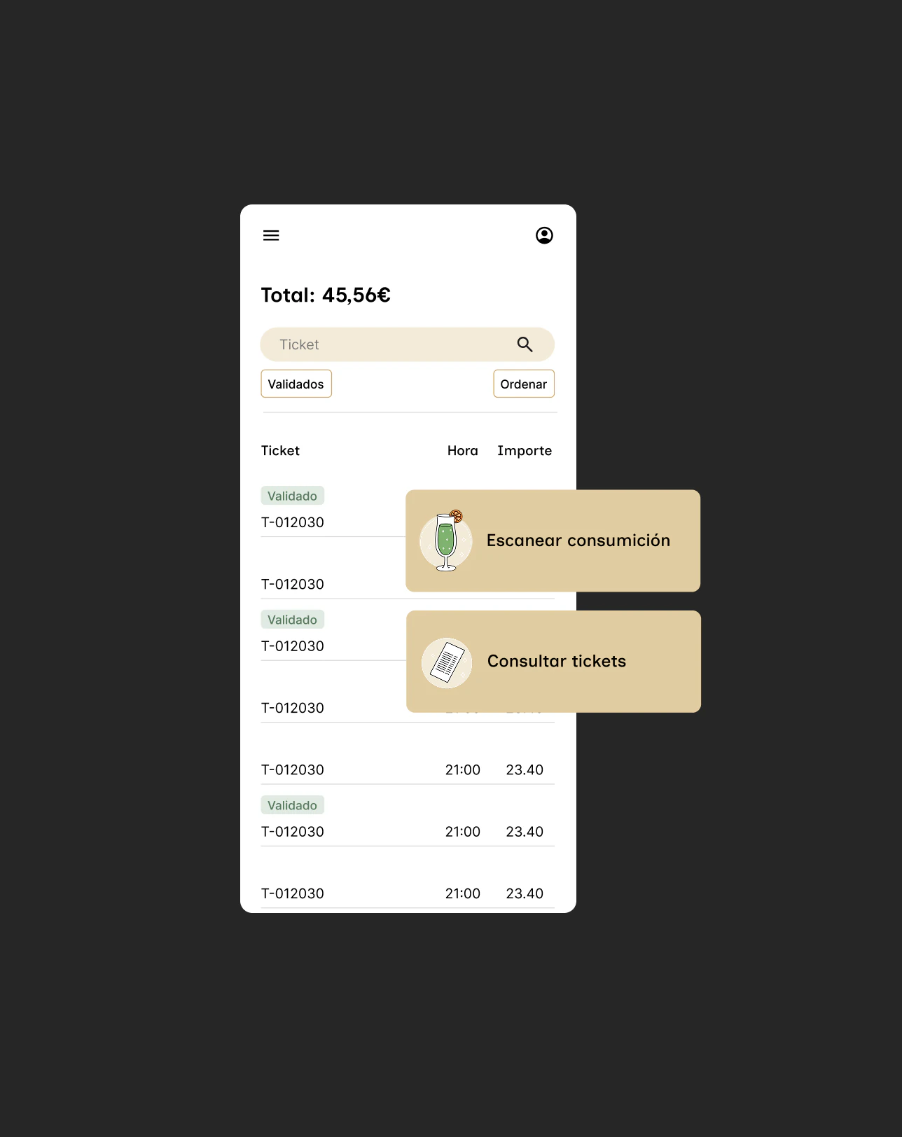 Listado de tickets validados en la app de La Bolera, con los accesos a escanear consumición y consultar tickets