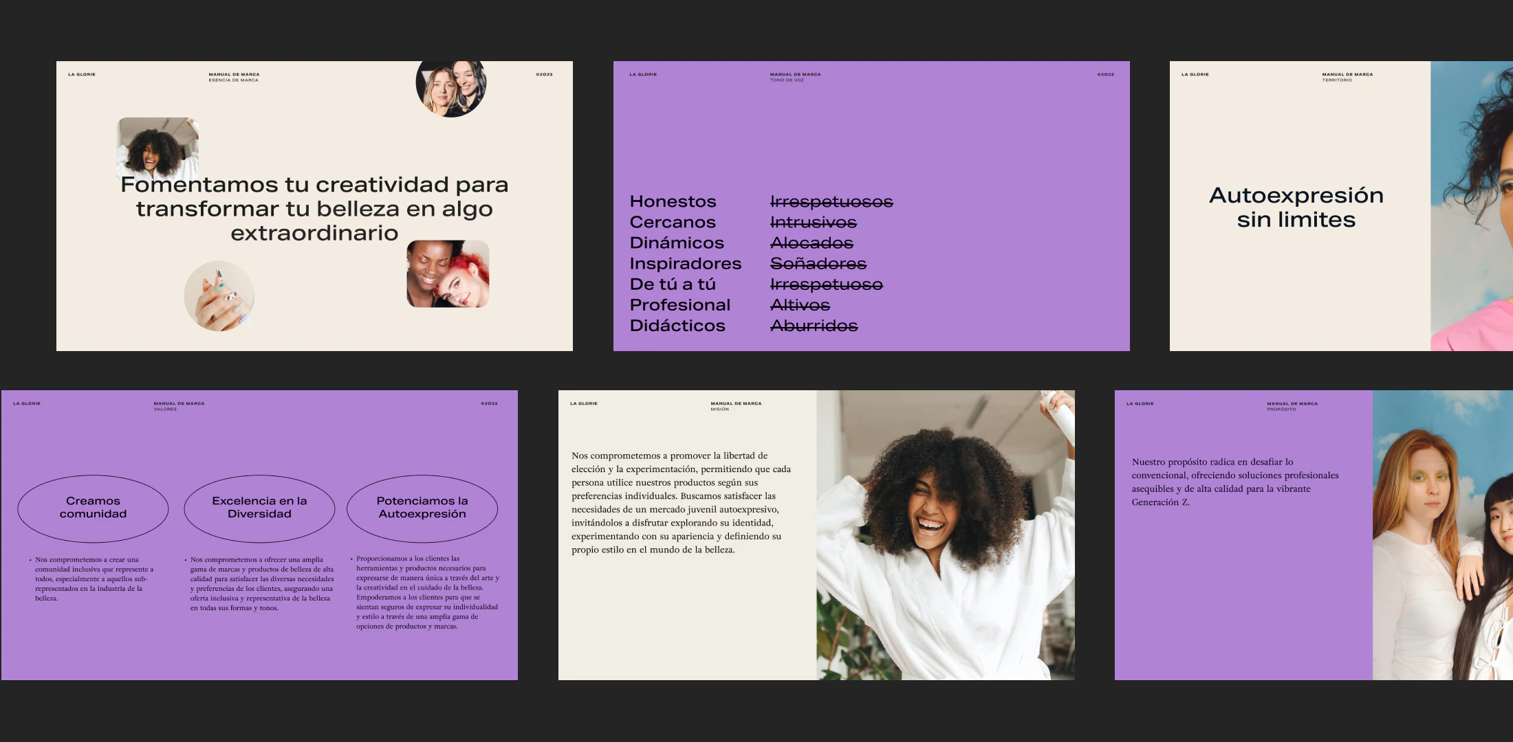 Diapositivas del manual de marca de La Glorie: creatividad, tono de voz, autoexpresión, valores, misión y propósito