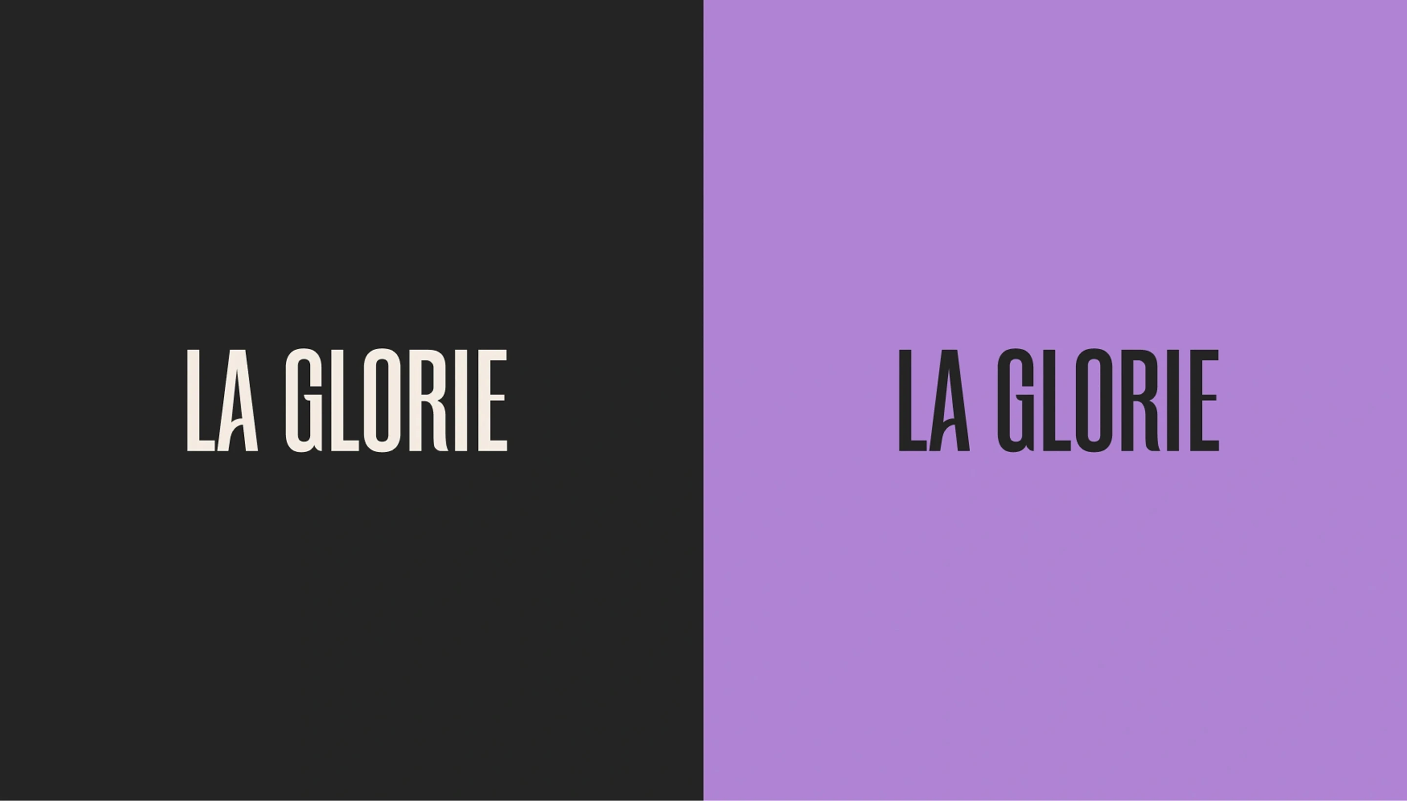 El logotipo de La Glorie en blanco sobre negro y en negro sobre morado