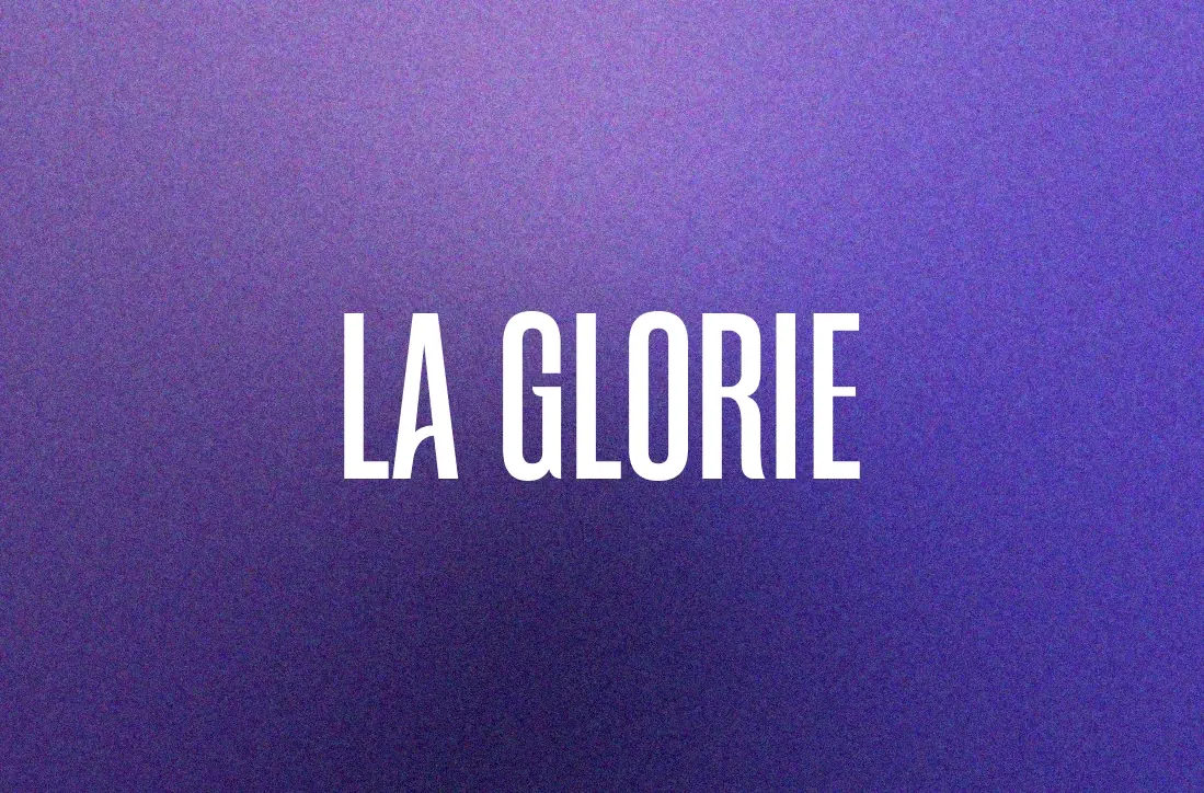 The La Glorie logo in white on a grainy purple gradient