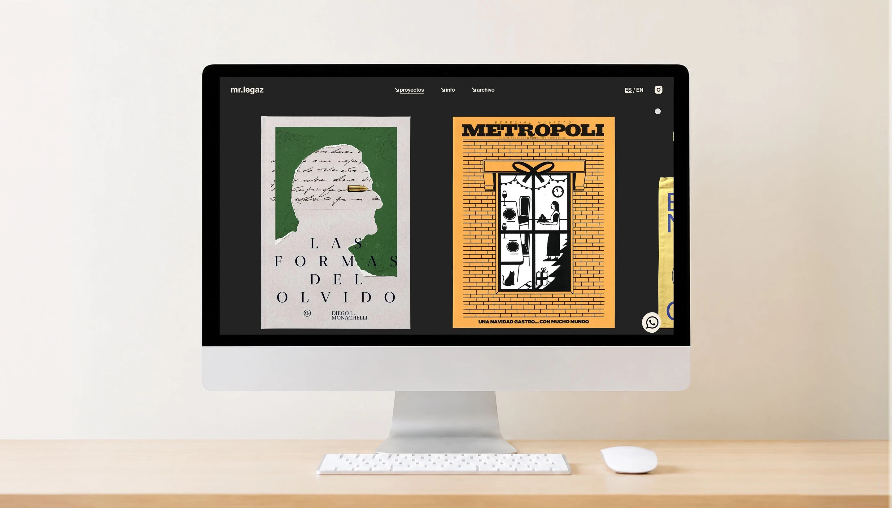 The Mr. Legaz website on an iMac, with the covers of Las formas del olvido and Metrópoli