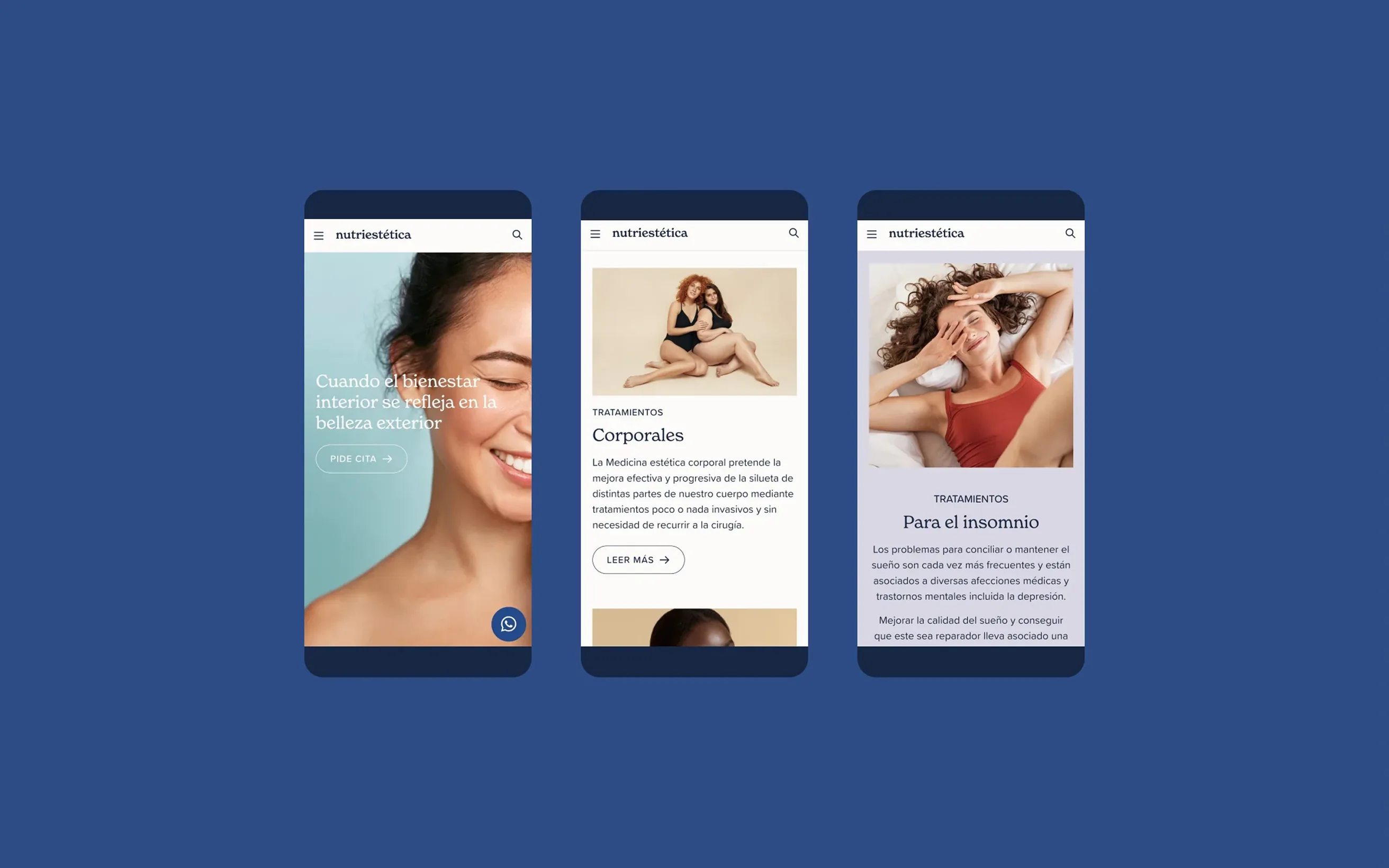 Three Nutriestética website screens on phones, on blue: homepage, body treatments and insomnia
