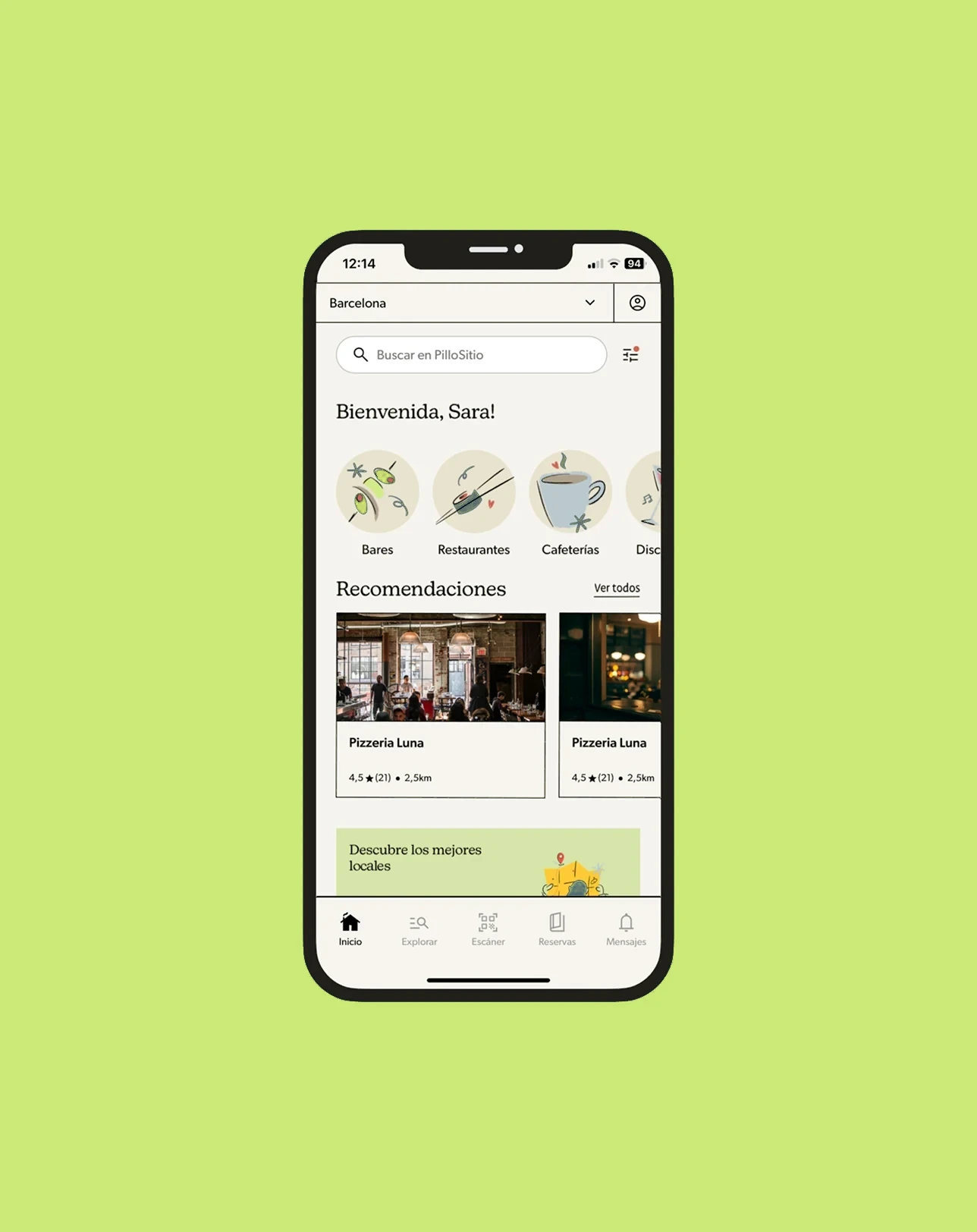 Pantalla de inicio de la app para clientes: categorías y recomendaciones