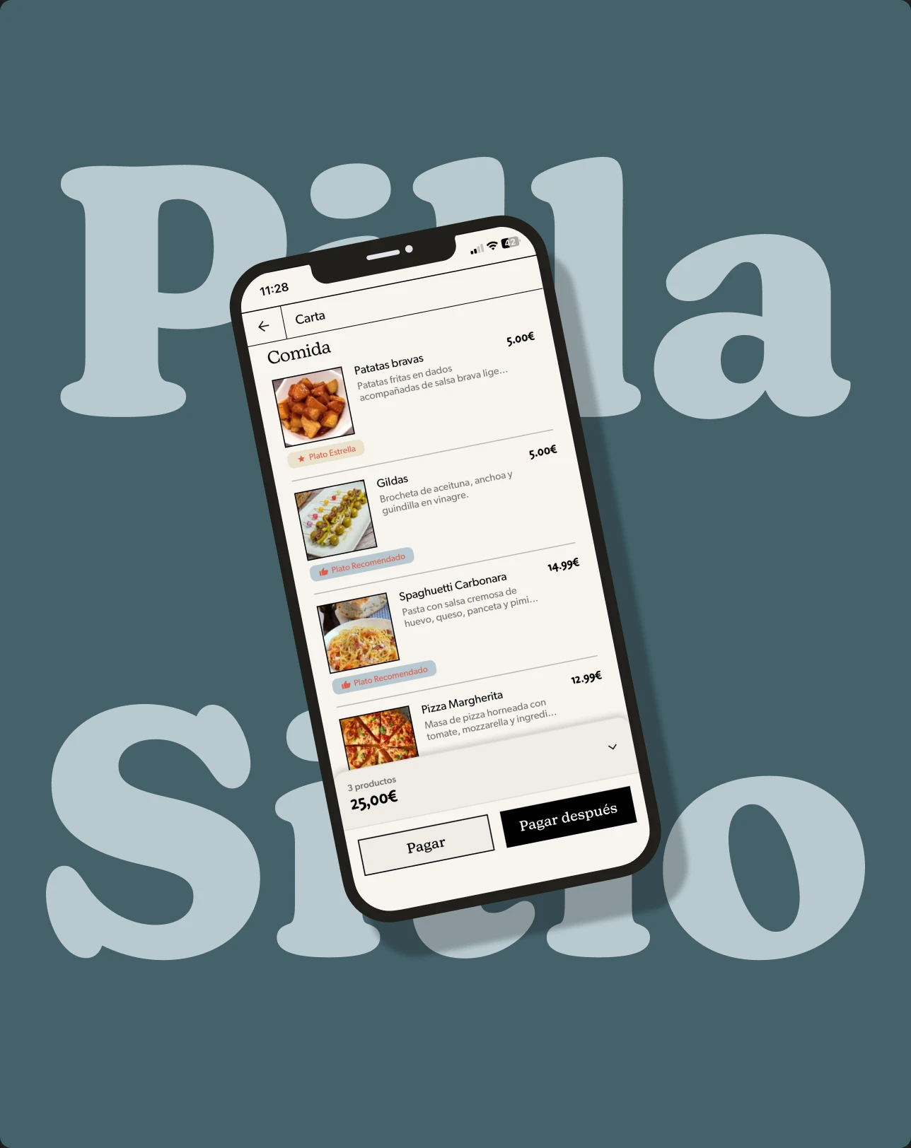 La carta de un local en la app de PilloSitio, sobre el logotipo verde