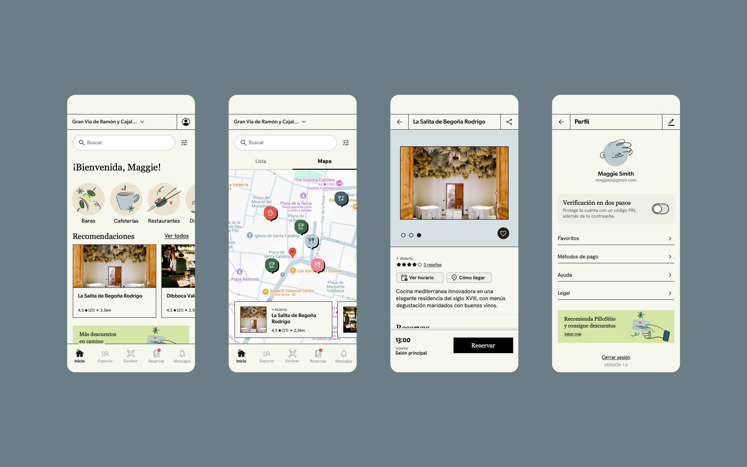 Cuatro pantallas de la app de PilloSitio: inicio, mapa de locales, ficha de un restaurante y perfil