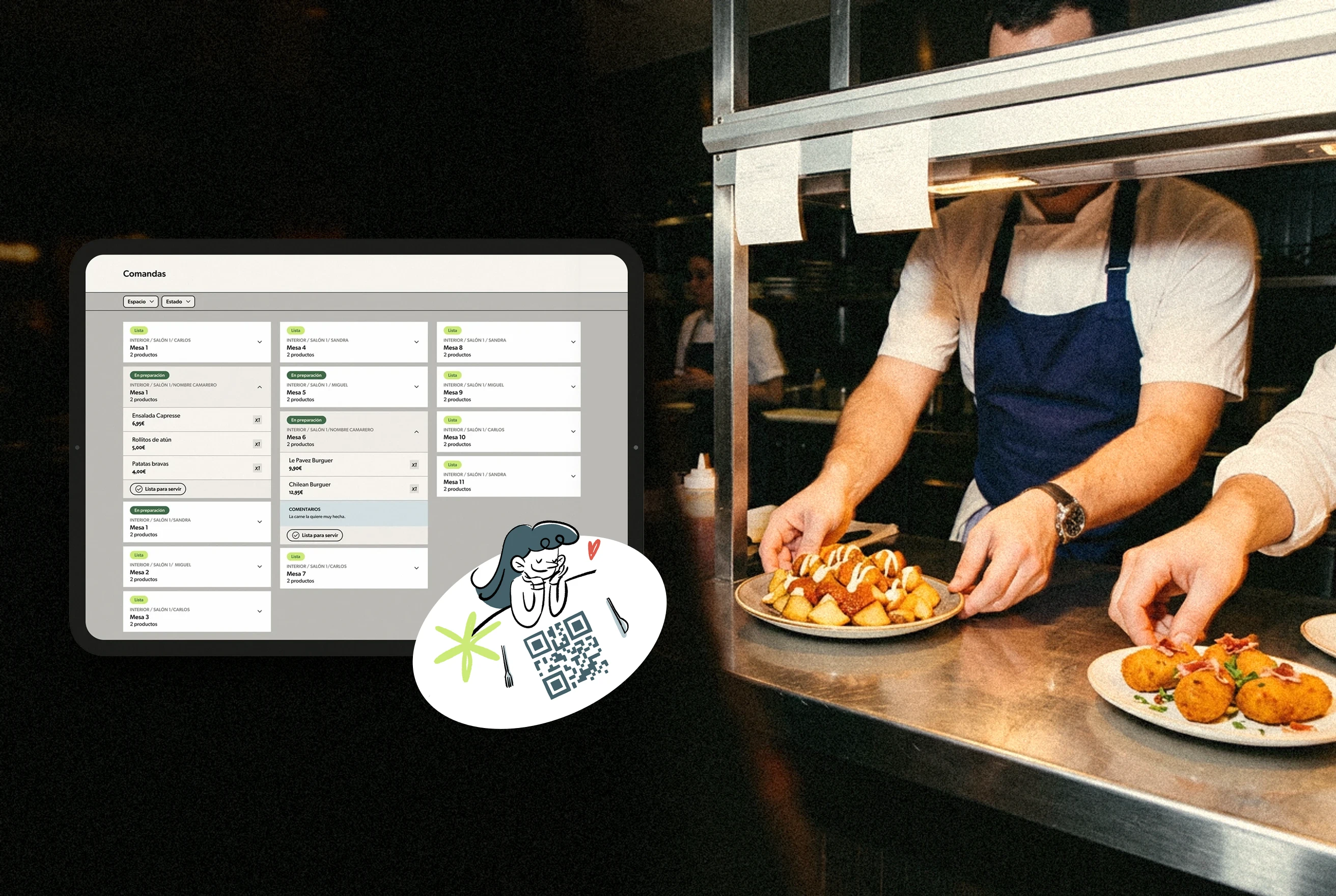 La app de comandas de PilloSitio en una tableta, sobre la cocina de un bar en pleno servicio