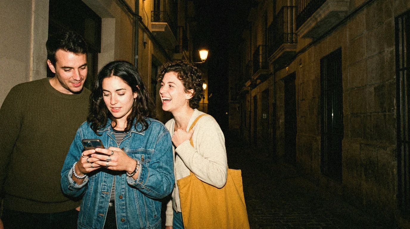 Three friends on a street at night: one books a table on her phone