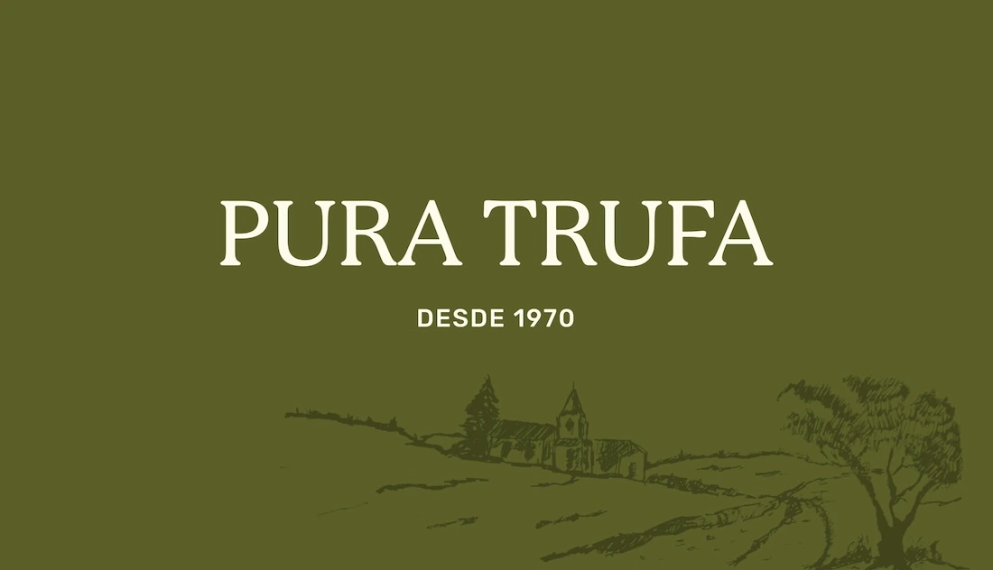 The Pura Trufa logotype on olive green, with a pen-drawn Teruel landscape