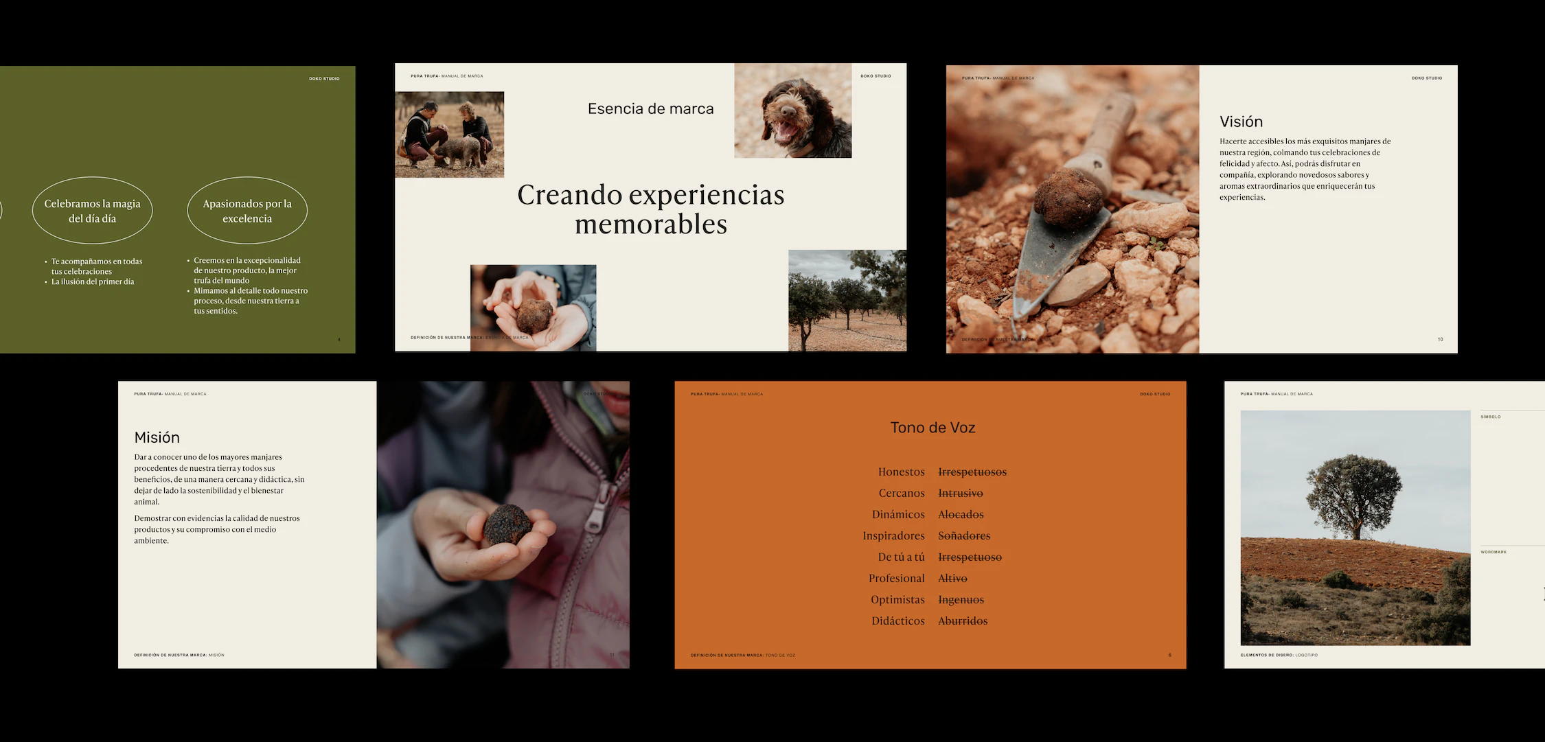 Diapositivas del manual de marca de Pura Trufa: valores, esencia, visión, misión y tono de voz