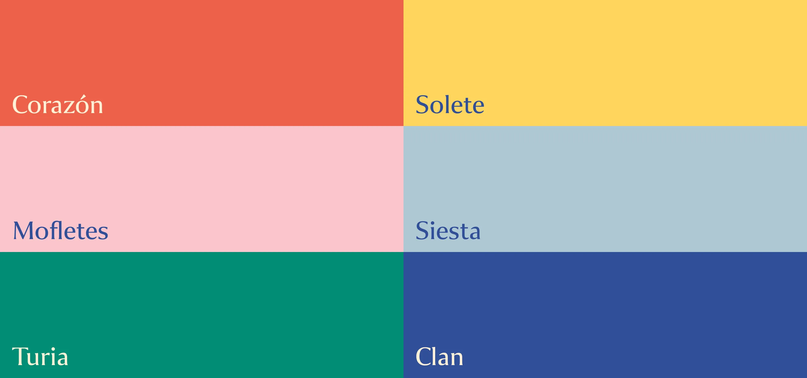 TuClan palette: Corazón, Solete, Mofletes, Siesta, Turia and Clan