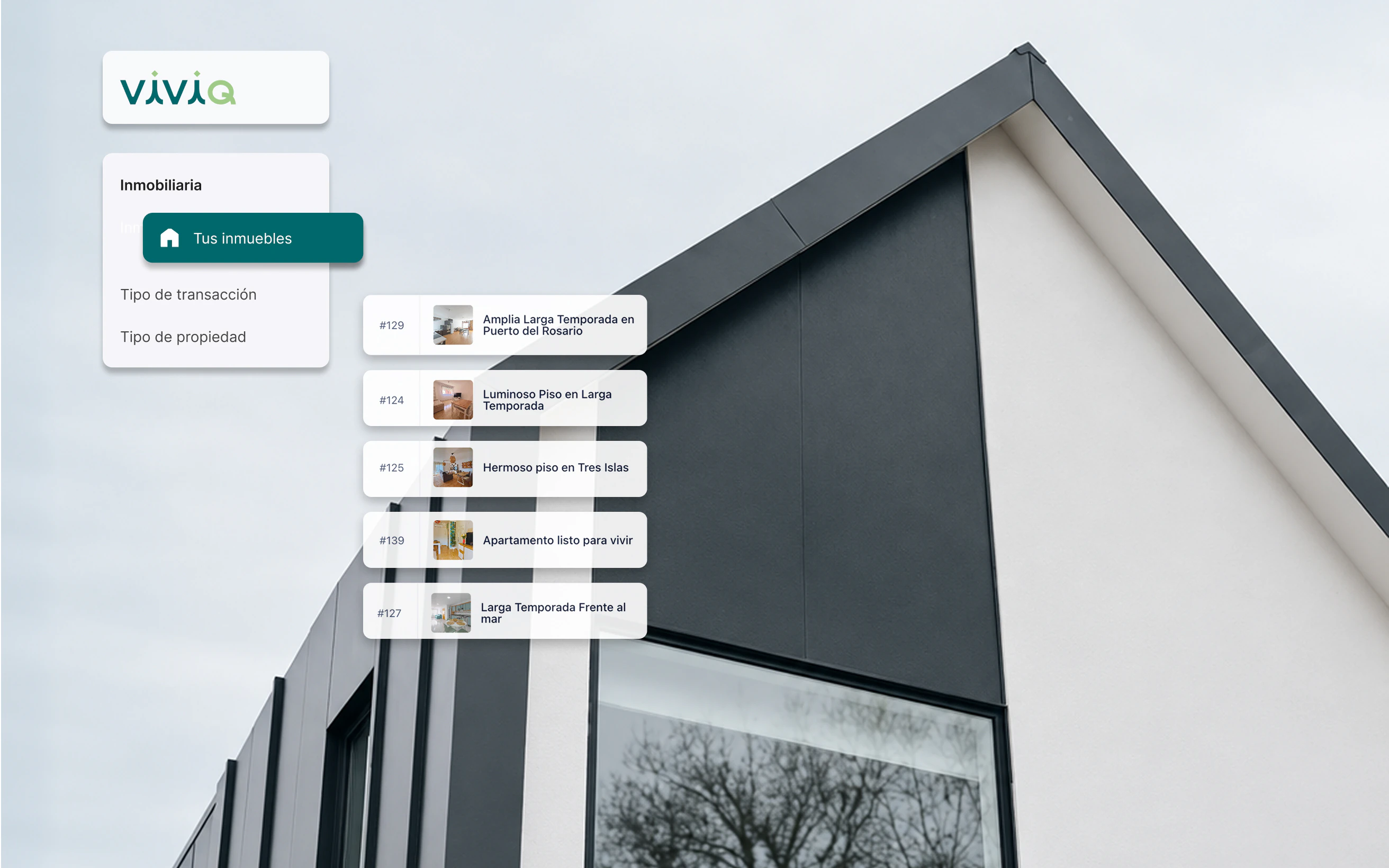 Viviq's dashboard for estate agencies over a photo of a modern house